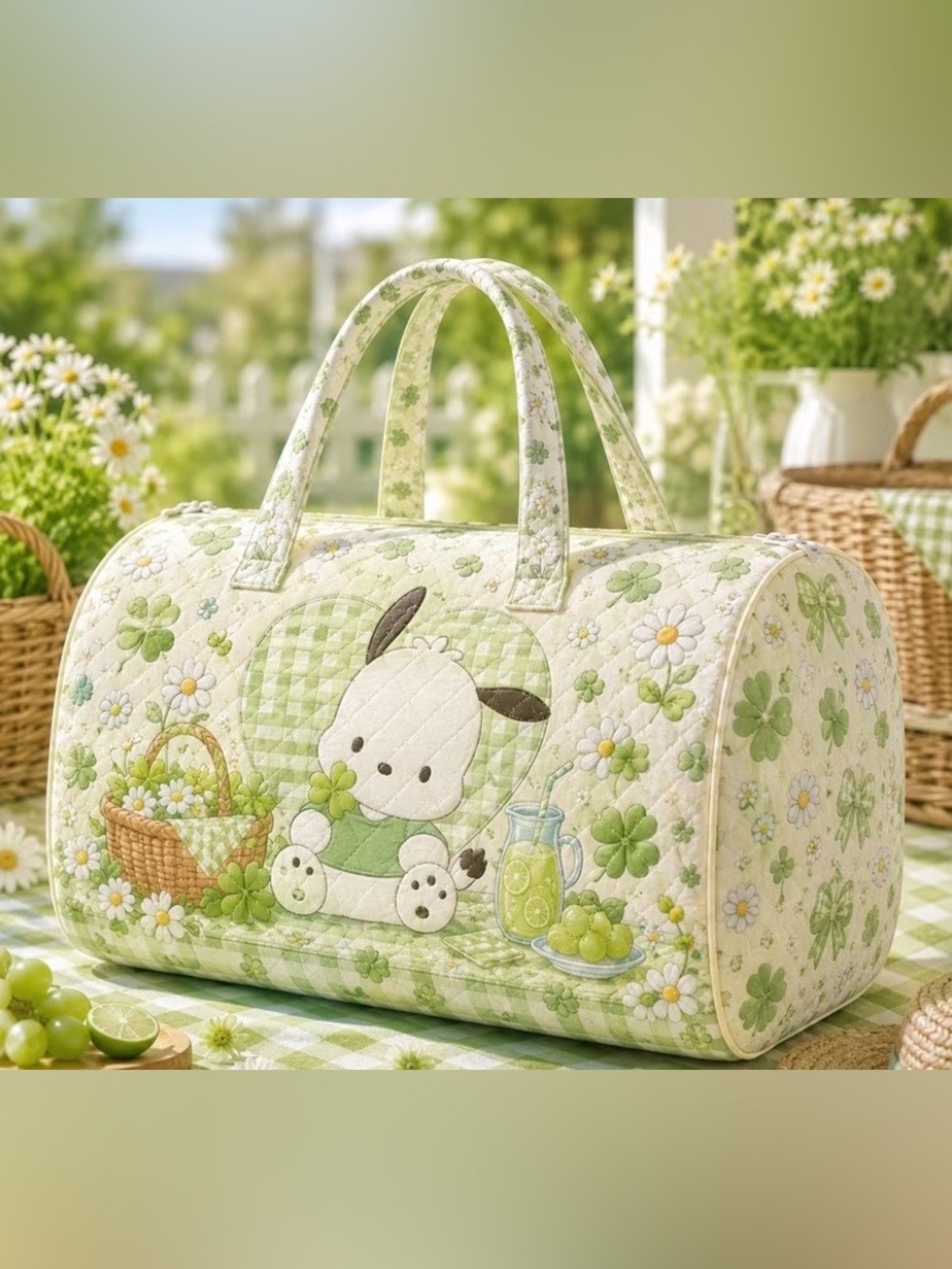 Cute Green Quilted Duffle Bag with Clover & pachacco Design
